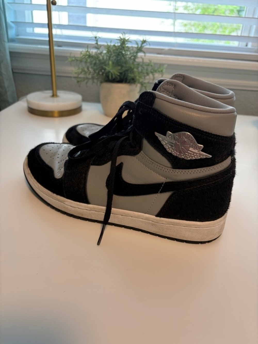 Nike Air Jordan 1 High Top Black and Gray Pony Hair Sneakers Women